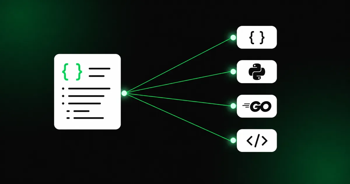 One spec document fanning out into four language SDK cards via thin green lines