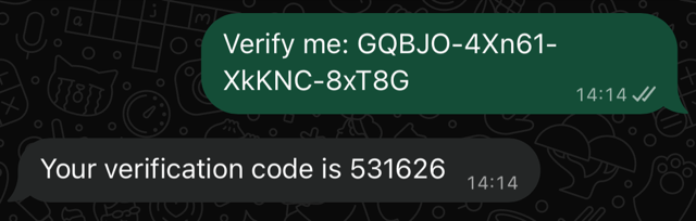 WhatsApp chat: the user's prefilled "Verify me" message, then our reply with the verification code