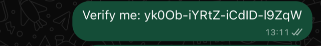 WhatsApp chat: the user's prefilled "Verify me" message and nothing after it; sending it is what approves the OTP